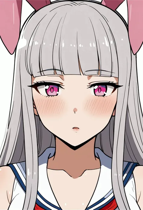 Manhwa, call girl, bunny ears, anime woman, long hair, white-gray hair, pink eyes, sailor suit