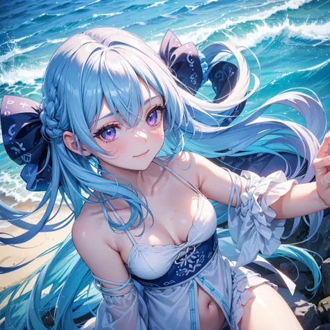 (Sky blue one braid hair),Magenta eyes,Fair skin ,(whole body),(One girl),比基尼,Sparkling white sand beach in midsummer,Ocean,happy smile,,(masterpiece, Highest quality, Very detailed, Best Shadow), (Detailed Background), (Beautifully detailed face), High Co...