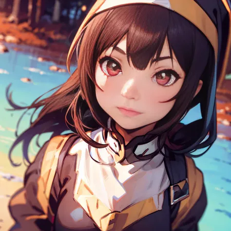 (((megumin dressed as a nun))), ((brown hair)), ((red eyes)), medieval, fantasy, magic, dungeons and dragons, ember particles, particles, flares, sharpened, chromatic aberration, masterpiece:6, best quality:5, realistic hands, (((split complementary palett...