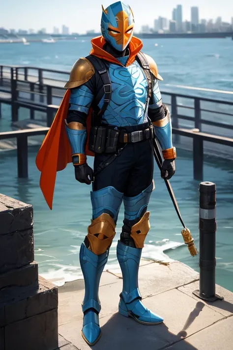 ((best quality)), ((masterpiece)), (detailed), 1 male, full body, 23 years old, masked, light blue construction helmet, smooth head, superhero mask, black collar, tall, thin, black gloves, orange grenades, orange grenades on his chest harness belt, black c...