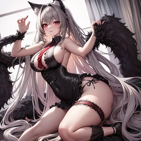 Maid wolf woman, wears black maid outfit with short black maid skirt showing panties, has long messy shaggy blonde hair, It has red eyes, has a big breast, has blond wolf ears and blond wolf tail.