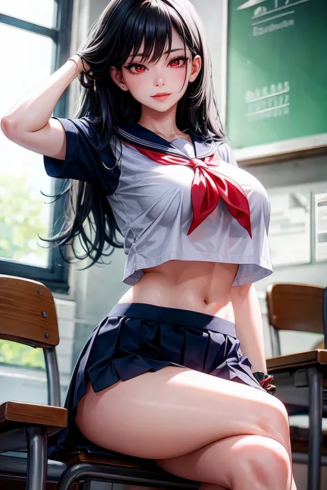 woman, sexy woman, mature female, mommy, black hair, red eyes, detailed eyes, detailed lips, big breasts, short sleeves sailor uniform, sit with crossed legs, classroom, evil smiling, seductive lips, adjusting hair, skirt, hunter eyes, look from below, lic...