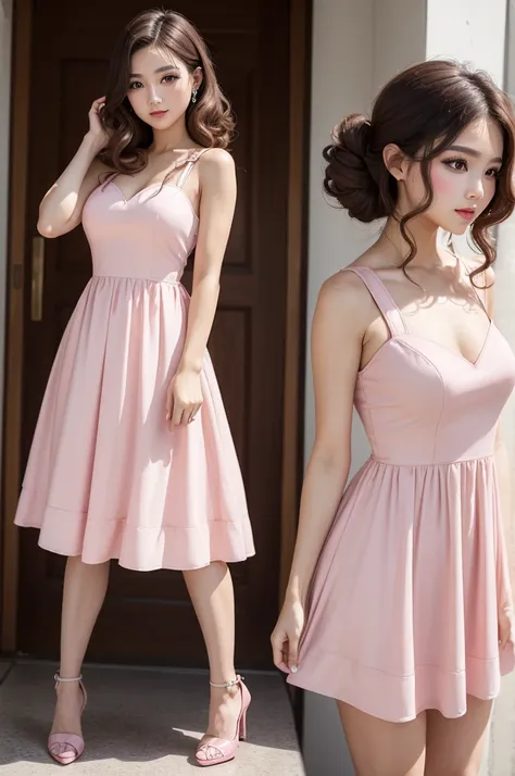 A big-haired babe with a hairstyle and impeccable makeup, wearing a short pink dress and high heels.