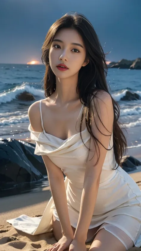 towards the camera，put a face to the viewer，stand on all fours，High image quality，works of masters，daughter，black hair，long hair shawl，long hair flowing over shoulders，cropped shoulder，clavicle，exquisite face，moist red lips，white dress，clavicle，towards the...