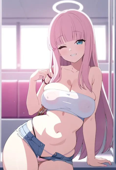 15yo, light pink hair, hime cut, long hair, tube top, mini short denim, J cup breast, thicc thigh, white room, charming smile, tits seen through tube top, thong