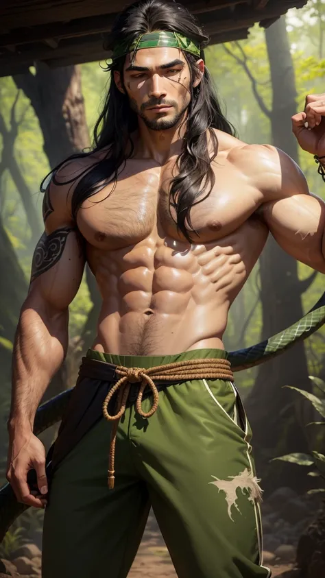 A man around 30 years old, medium height, long black hair, slightly messy, not tied, eyes closed, brown skin with scars on several parts of the body, athletic and muscular body, warrior clothes with a V pattern showing the chest, green color, scale motif g...