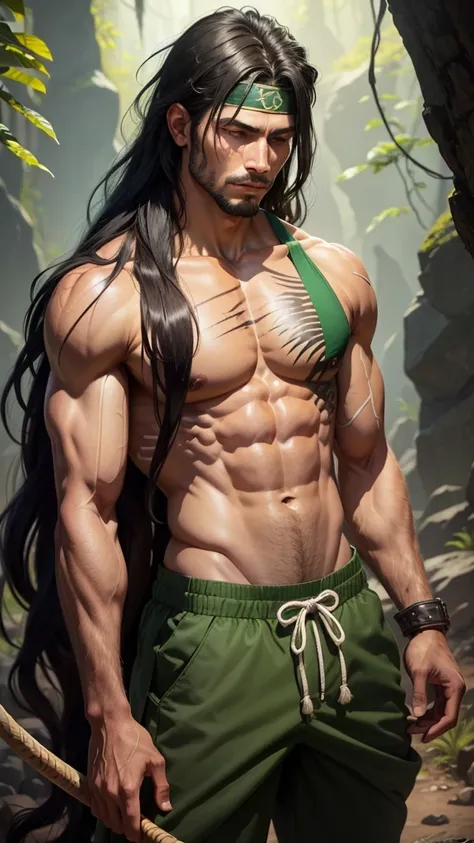 A man around 30 years old, medium height, long black hair, slightly messy, not tied, eyes closed, brown skin with scars on several parts of the body, athletic and muscular body, warrior clothes with a V pattern showing the chest, green color, scale motif g...