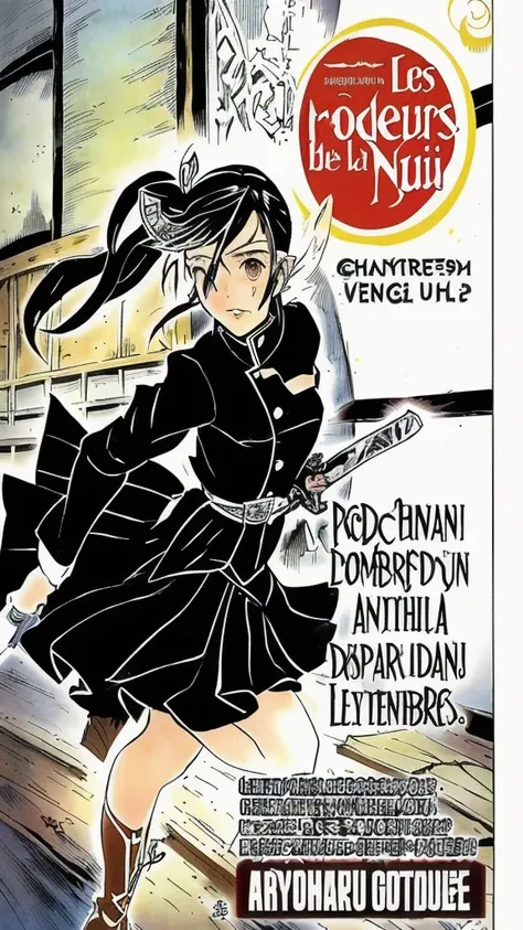 a close up of a cartoon of a girl holding a sword, noire, doujin, (french bande dessinée), cover manga, art nouveaux colored, manga scans, kimetsu no yaiba, manga front cover, full color manga cover, manga!!!, manga cover, french comic style, illustration!...