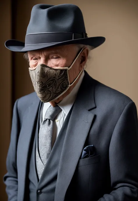 a rich old man in a suit, only upper body, with a fedora , full cool mask on his face 