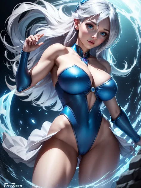 Elsa from fozen, in a blue leotard, large tits, long silver hair.