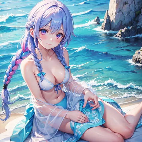 (Sky blue braided hair)、Pink eyes、Fair skin、(whole body)、(One Girl)、bikini、Shining white sand beach in midsummer、Ocean、A happy smile、、(masterpiece、Highest quality、Very detailed、Best Shadow)、(Detailed Background)、(Beautifully detailed face)、High contrast、(B...