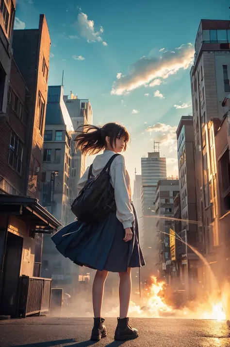 Create an illustration inspired by Makoto Shinkais style, specifically his work in "Weathering with You". The background should be a breathtaking, detailed urban landscape with a mix of natural elements, showcasing a beautiful sky with dynamic clouds and s...