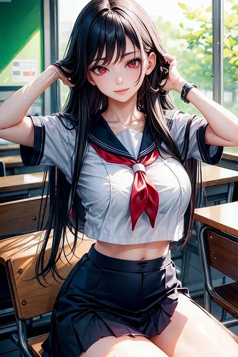 woman, sexy woman, mature female, mommy, black hair, red eyes, detailed eyes, detailed lips, big breasts, short sleeves sailor uniform, sit with crossed legs, classroom, evil smiling, seductive lips, adjusting hair, skirt, hunter eyes, look from below, lic...