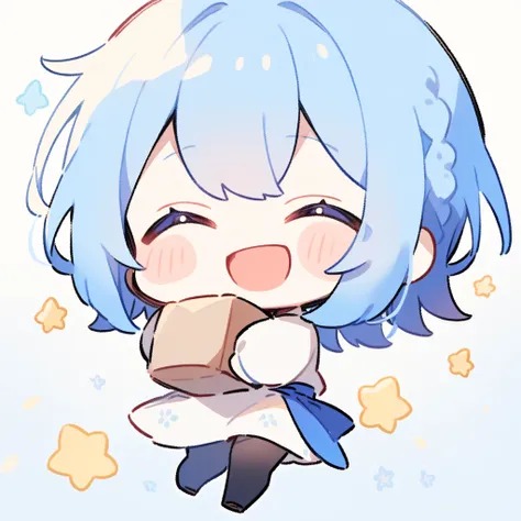 1boy, Chibi, Blue Hair, Happy, carrying a box