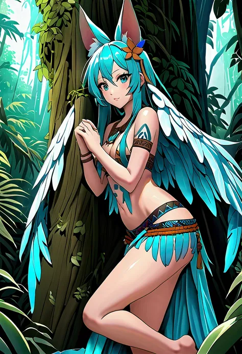 miku hatsune, add high definition add_detail:1, blue fur,kitsune ears, tribal tattoo add_detail:1, in ruins in the jungle, baref...