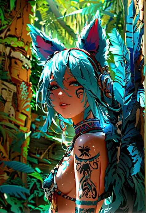 Miku Hatsune, add high definition add_detail:1, blue fur,kitsune ears, tribal tattoo add_detail:1, in ruins in the jungle, barefoot, tribal costume add_details:1, giant aquamarine feather wings_detailsl:1 ,alas hermosas la mejor calidad y detail en las plu...