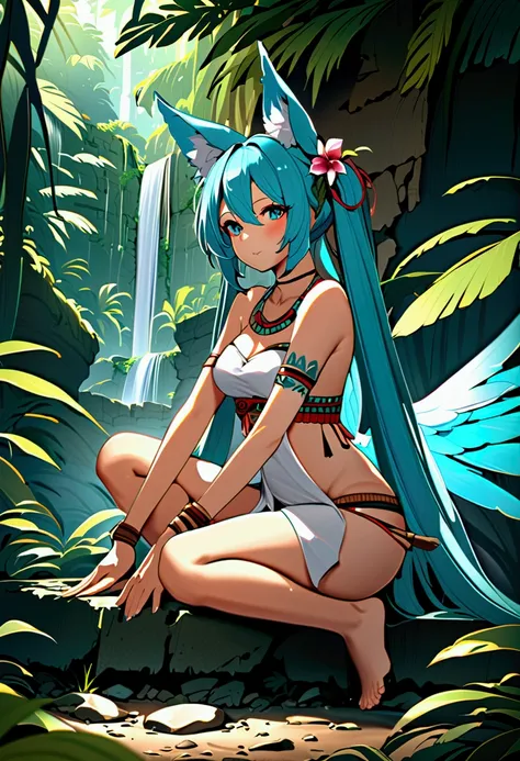 miku hatsune, add high definition add_detail:1, blue fur,kitsune ears, tribal tattoo add_detail:1, in ruins in the jungle, baref...