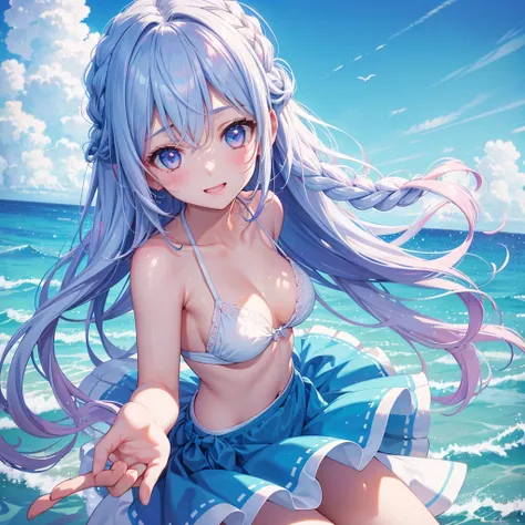 (Sky blue braided hair)、Pink eyes、Fair skin、(whole body)、(One Girl)、bikini、Shining white sand beach in midsummer、Ocean、A happy smile、、(masterpiece、Highest quality、Very detailed、Best Shadow)、(Detailed Background)、(Beautifully detailed face)、High contrast、(B...