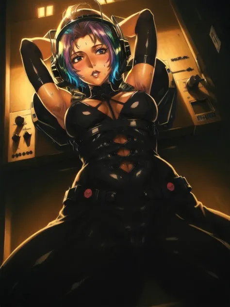 ((gothic vampire piloting in gothic spacecraft)), (((retro anime))), (focused), ((from below)), ((120 fov)), ((((gothic)) control panels)), (((mature))), (((gothic))), iridescent bodysuit, ((lace accessories)), ((pilot seat)), ((((lying back)) pose)), ((el...