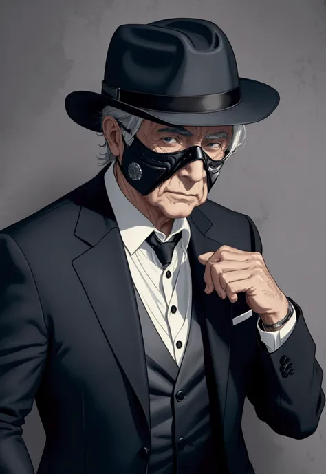 a rich old man in a suit, only upper body, with a fedora , full cool mask on his face 