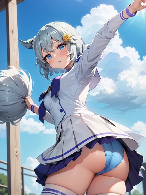 masterpiece, best quality, high quality, exquisite, ((seiun sky, umamusume,)) 1 girl, young, long bangs between eyes, cute face, (blush,) medium  hair, qua hair, medium breast, beautiful detailed blue eyes, white skin, (cheerleader,)  white thighhighs, ((v...