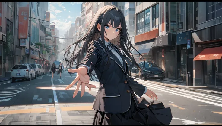 One girl, Black and long straight hair, Sharp Hair, ((Extending his right hand to the viewer)), Facial Contour, Recall, skirt, blazer, In the city, On the sidewalk, noon, bright, High resolution, Very delicate, Super detailed, 8K