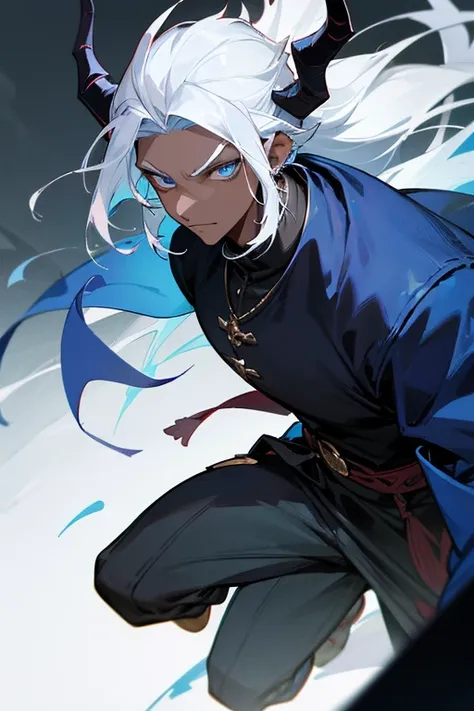 a dragon man with blue details with white hair with black tips, with 2 black horns and dragon teeth earrings and that he is dark-skinned with medieval clothes for an RPG