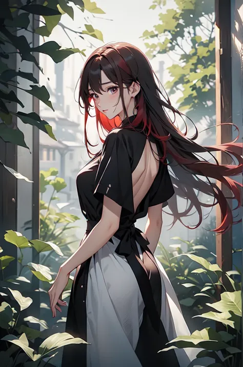 ((masterpiece、highest quality、Official Art、8k))、One Woman、28 years old、Attractive adult woman、(Red Hair)、Long Straight Hair、(Hair fluttering big in the wind)、Head to waist、From the side、Black backless maid outfit、White apron、Embarrassed、Dark Eyes、Big Eyes、...