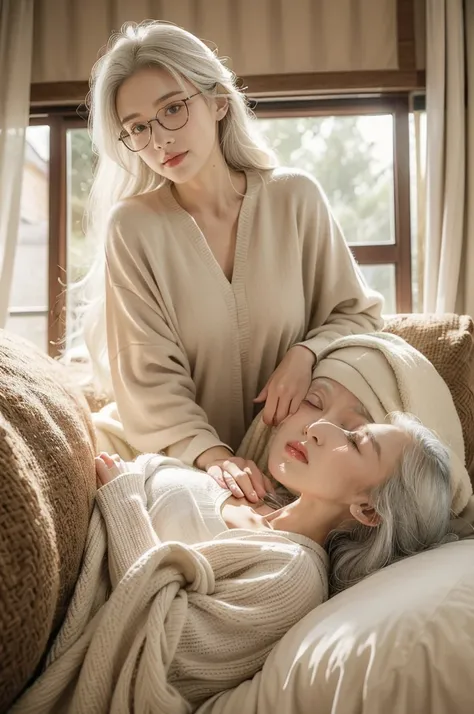 (((best quality))), (((ultra detailed))), (((masterpiece))), illustration,(((an elderly man and a beautiful girl))), sleep gown, bedroom, cozy furniture, soft warm colors, parted curtains, moonlight, white hair, wise appearance, glasses, gentle smile, warm...