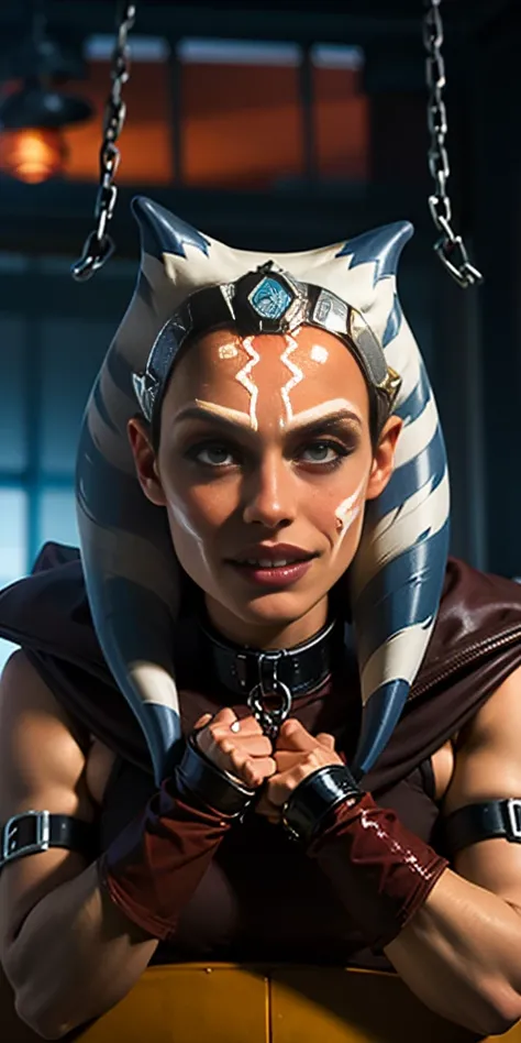 Latex ahsoka lustful smirking smile red blush red cheeks, chain leash, hands behind the head, kneeling, shackles, leather black collar slave, 2 high ponytails orgasm_face