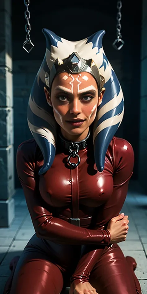 Latex ahsoka lustful smirking smile red blush red cheeks, chain leash, hands behind the head, kneeling, shackles, leather black collar slave, 2 high ponytails orgasm_face