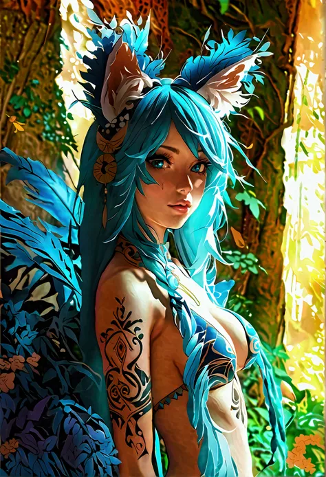 Miku Hatsune, add high definition add_detail:1, blue fur,kitsune ears, tribal tattoo add_detail:1, in ruins in the jungle, barefoot, tribal costume add_details:1, giant aquamarine feather wings_detailsl:1 ,alas hermosas la mejor calidad y detail en las plu...