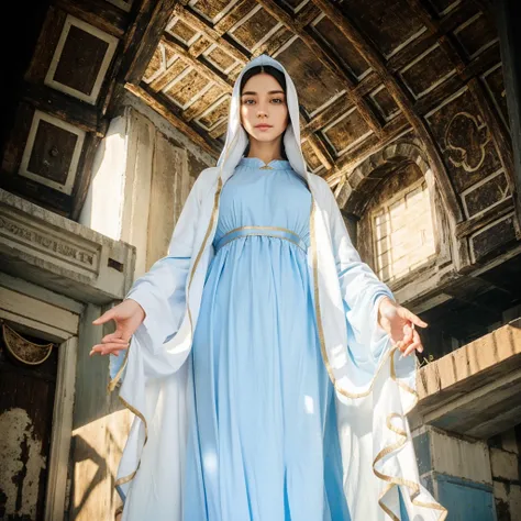 Beautiful woman with light blue eyes wearing blue tunic and white cloak, She has long black hair