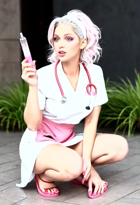 ((( 4k image)))1 woman, full body, in public square, hot nurse, silver hair, wearing white apron with pink details, open apron, squatting with legs open without panties showing her pussy (ultra realistic), without a bra showing her breasts, showing her pus...