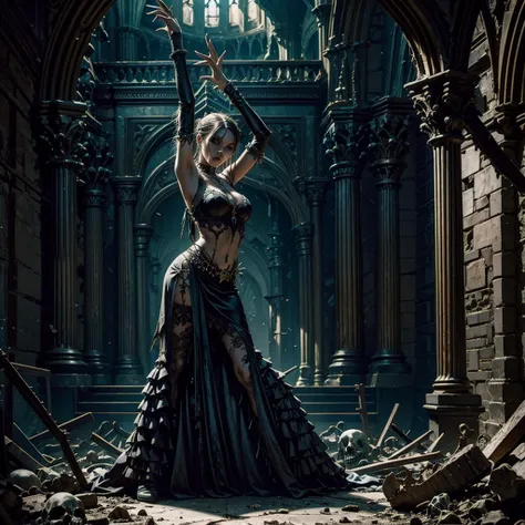 An undead dancer dancing inside a dilapidated gothic room amidst a pile of bones