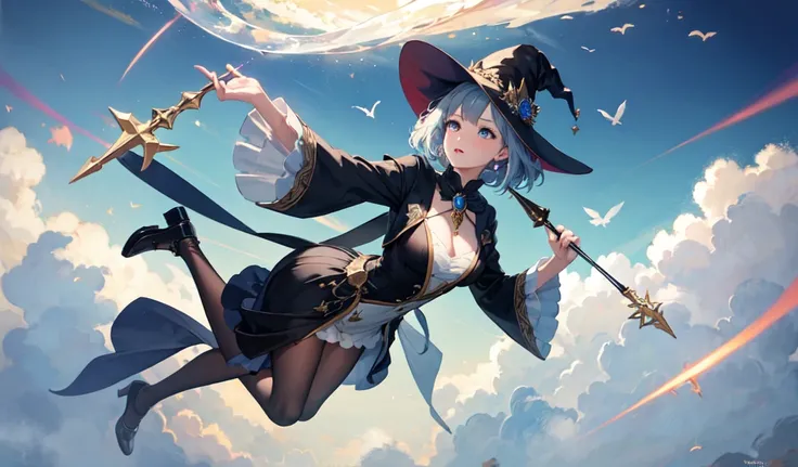 ((Highest quality)), ((masterpiece)), (detailed), A beautiful witch is flying through the air using her wand,Very mysterious and beautiful