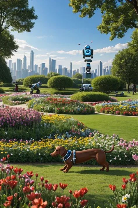 A robotic dachshund with a background landscape of a park where robots that are tending flowers pass by 