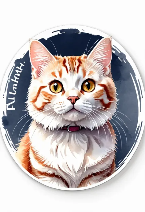 a circular logo featuring a kurilian bobtail cat, com signature "kurilian bobtail", 3d watercolor style painting, american short...