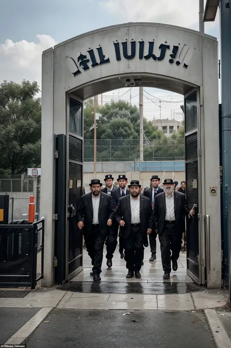 A group of ultra-Orthodox Jewish people with disappointed and frightened old men finish running towards the entrance of a state-of-the-art amusement park without a roof just as the guard has finished locking the gate and they remain disappointed outside