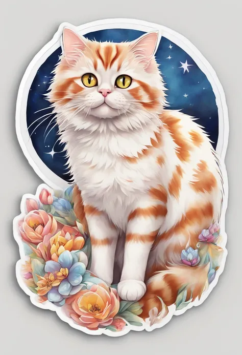 Um sticker circular com um gato da raça Kurilian Bobtail, with text "Kurilian Bobtail", 3D watercolor style painting, American Shorthair cat, full picture, High contrast high resolution (photorrealistic:1.5), White background, sticker style, (raw photos, 8...