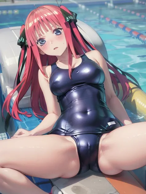 best quality, insanely detailed, nino nakano, one piece swimsuit, breasts, blush, Spread legs, swimming pool, back style,