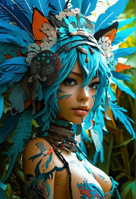 Miku Hatsune, add high definition add_detail:1, blue fur,kitsune ears, tribal tattoo add_detail:1, in ruins in the jungle, barefoot, tribal costume add_details:1, giant aquamarine feather wings_detailsl:1 ,alas hermosas la mejor calidad y detail en las plu...