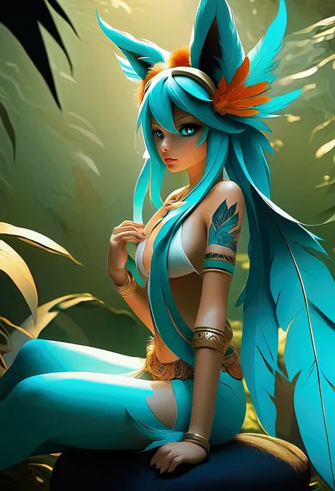 miku hatsune, add high definition add_detail:1, blue fur,kitsune ears, tribal tattoo add_detail:1, in ruins in the jungle, baref...