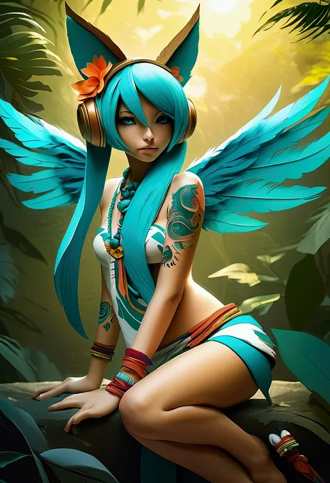 Miku Hatsune, add high definition add_detail:1, blue fur,kitsune ears, tribal tattoo add_detail:1, in ruins in the jungle, barefoot, tribal costume add_details:1, giant aquamarine feather wings_detailsl:1 ,alas hermosas la mejor calidad y detail en las plu...