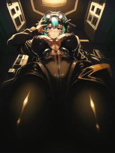 ((gothic vampire piloting in gothic spacecraft)), (((retro anime))), ((from below)), ((120 fov)), ((((gothic)) control panels)), (((mature))), (((gothic))), iridescent bodysuit, ((lace accessories)), ((pilot seat)), ((((lying back)) pose)), ((elegant)), ((...