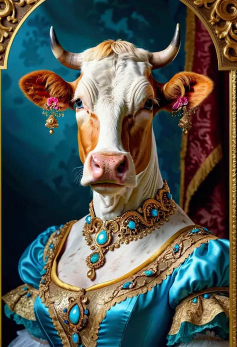 a detailed and elegant Rococo-style oil portrait of a beautiful yellow cow with flowing, piercing blue eyes, delicate facial features, wearing an ornate pastel blue dress decorated with golden details, intricate lace patterns and floral embellishments, con...