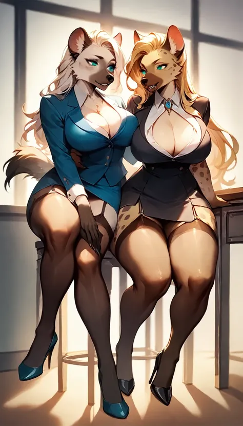 score_9, score_8_up, score_7_up, score_6_up, score_5_up, score_4_up, (two girls sitting on lap of other), female anthro hyena, secretary clothes, skirt, high heels, lusty, fluffy body, long blond hair, turquoise eyes, (thick thighs:1.5)((( offering the bre...