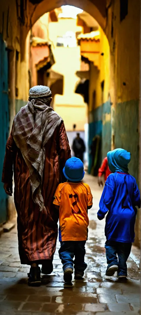 Lionel Messi plays with kids football in casablanca streets, realistic, photography, moroccan jersy, kids, marrakech, medina