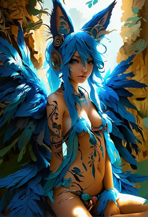 Miku Hatsune, add high definition add_detail:1, blue fur,kitsune ears, tribal tattoo add_detail:1, in ruins in the jungle, barefoot, tribal costume add_details:1, giant aquamarine feather wings_detailsl:1 ,alas hermosas la mejor calidad y detail en las plu...