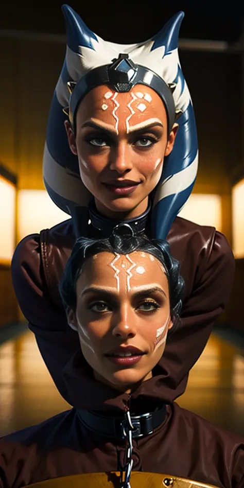 latex ahsoka lustful smirking smile red blush red cheeks, chain leash, hands behind the head, kneeling, shackles, leather black ...